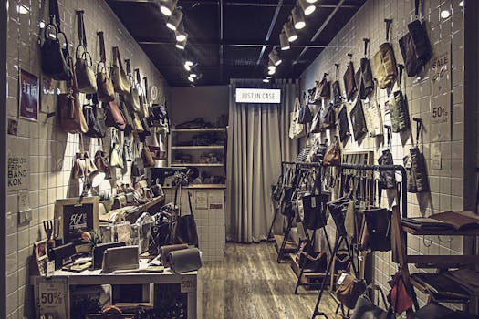 Stylish boutique store interior featuring an elegant collection of luxury bags displayed on tiled walls.